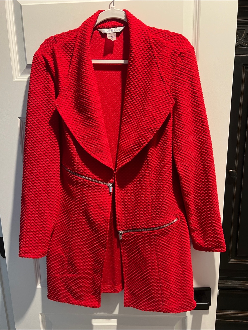 Peter Nygard Red Textured Open-Front Blazer with Zippers